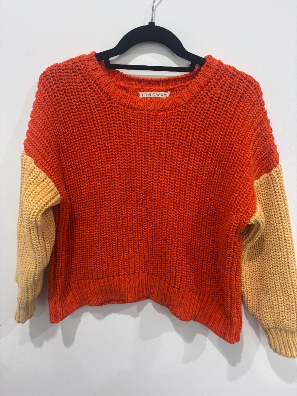 LONGWAY Orange Colorblock Chunky Knit Sweater Small Two Tone Oversized Pullover